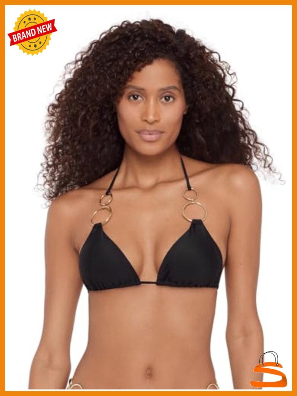 Triangle Halter Tie Bikini Top Removable Cups Gold Accents